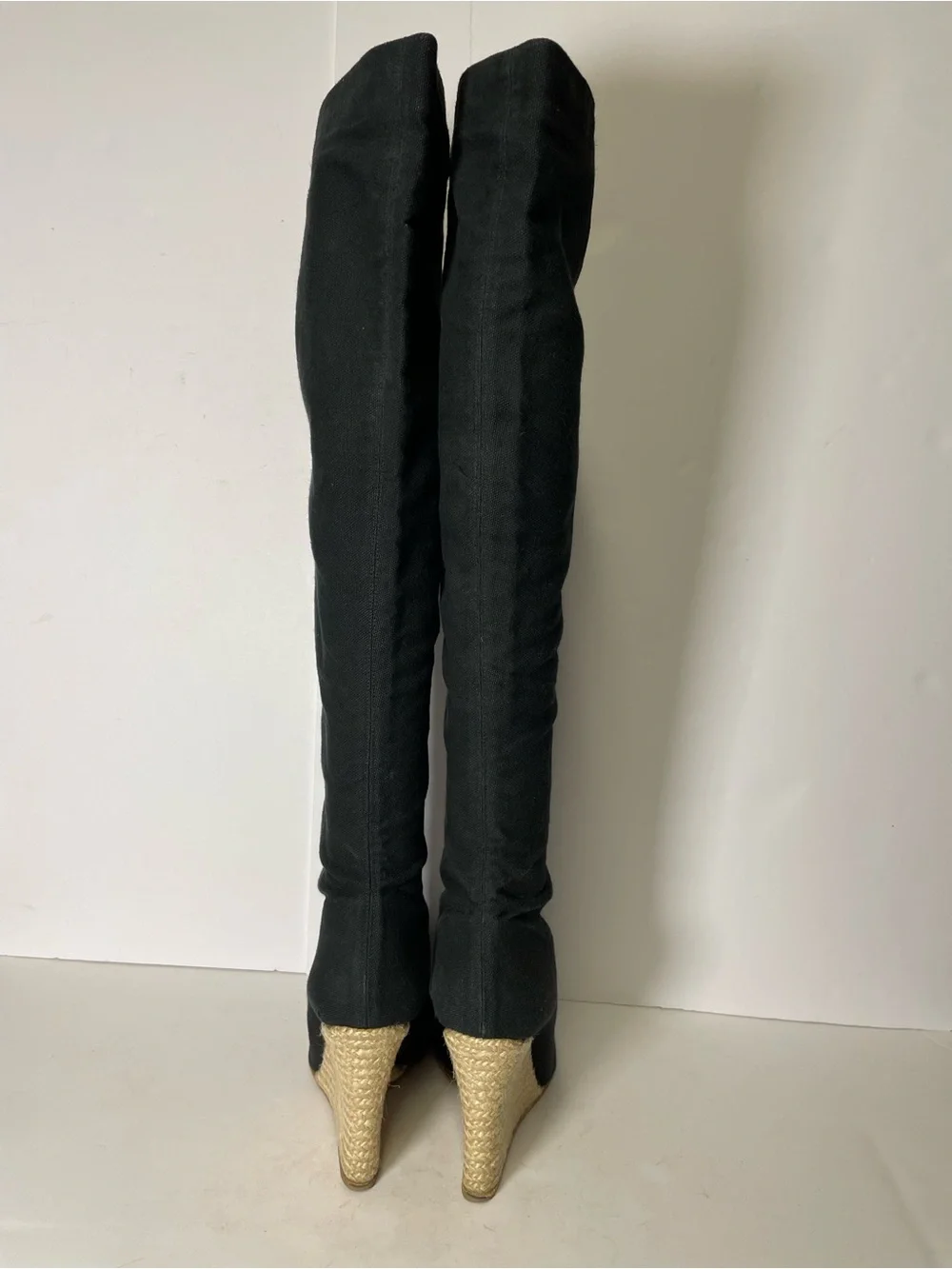 Christian Louboutin Black Wedge canvas espadrille knee high tall Boots 39/ 8.5